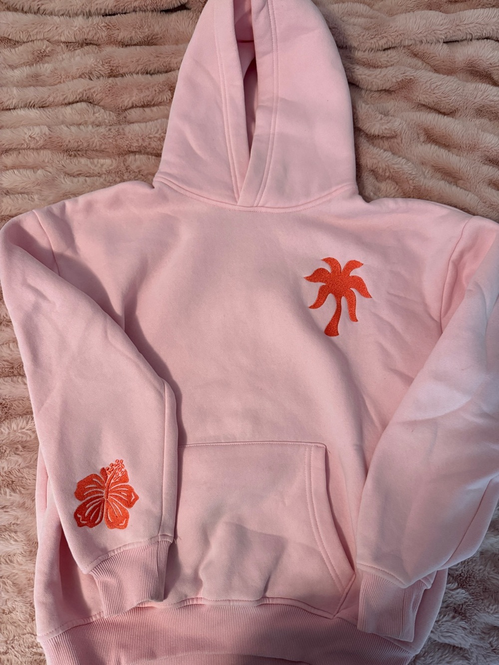 Kids Pink Hoodie with Orange Palm & Hibiscus Embroidery